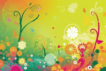 Obraz na płótnie Canvas Spring Scrapbook Scrapbooking Background with Flowers Nature Floral Butterfly Plants Sky Pattern Decoration Illustration