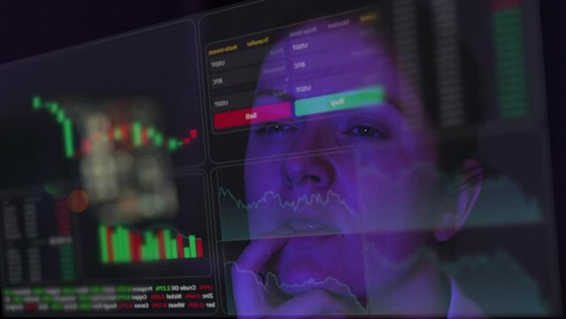 Caucasian woman is looking at the HUD menu. Stock charts. Broker terminal. 