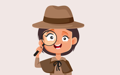 Detective Little Girl Holding a Magnifying Glass Toot Vector Cartoon. Happy cheerful kid playing dress up in private inspector costume
