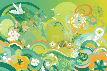 Naklejka na ściany i meble Spring Scrapbook Scrapbooking Background with Flowers Nature Floral Butterfly Plants Sky Pattern Decoration Illustration