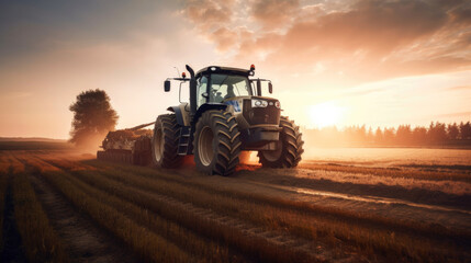 Modern tractor working in the field at sunset. Generative AI