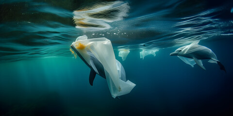 Fototapeta premium Dolphin with plastic rubbish, fish, bubbles and coral reefs. Save the ocean.