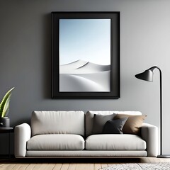 "A modern interior background serves as the setting for a 3D rendering of a mock-up poster frame in this illustration. The contemporary living room depicted features a stylish design. (ai generated)
