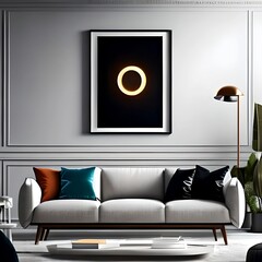 A 3D rendering of a mock-up poster frame is showcased against a modern interior backdrop. The interior space depicted is a contemporary living room. (ai generated)