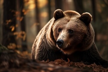 Fototapeta na wymiar Close up of a Brown Bear in the Spring Wilderness Forest Background