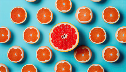 Grapefruit in flat lay pattern. Top view Modern flat lay pattern in pop art style with Generative AI Technology