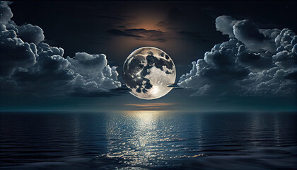 super moon and clouds in the night on sea with Generative AI Technology