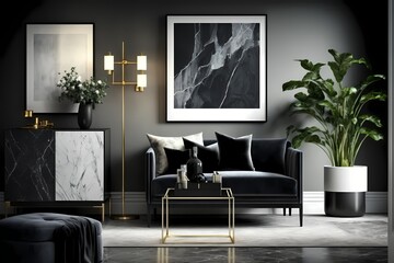 Interior of a contemporary living room in dark tones with a single white framed poster on a marble wall. Floor lamp, coffee table, grey chest of drawers, and black sofa with pillows