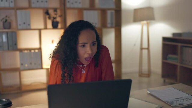 Woman reading email, happy and excited for good news, goals achievement or approval of project or small business loan. Late night in office, wow and celebration for employee at with surprise bonus.