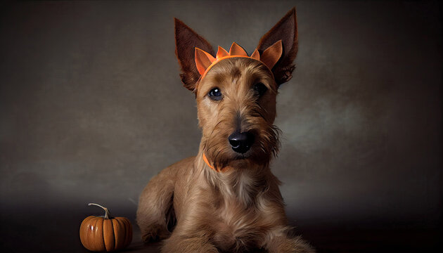 irish terrier dog posing for Halloween with a pumpkin and funny ears headband with Generative AI Technology