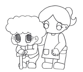杖で歩くおばあちゃんを介助する女性の線画イラスト