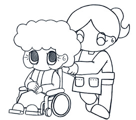 おばあさんの乗った車椅子を押す女性の線画イラスト