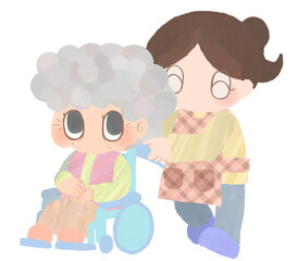 おばあさんの乗った車椅子を押す女性のイラスト