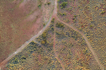 Looking down at dirt roads going different directions at the red terrain earth in outback Australia