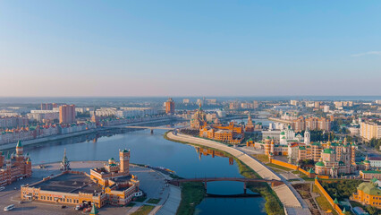 Yoshkar-Ola, Russia. City center in the morning light. Embankment of the river Malaya Kokshaga, Aerial View