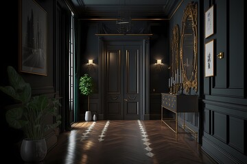 Dark walls in a contemporary classic space Traditional retro style and glossy floor illustration