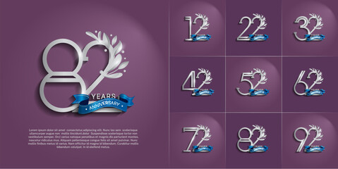 set of anniversary logotype silver color, ornament and blue ribbon for special celebration event