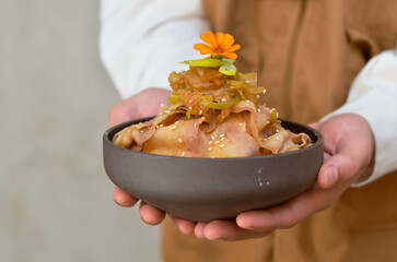 Grilled Pork Belly Sliced ​​Rice with Fragrant Sauce Topped with Stir Fried Onions.