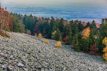 Panorama of Gory Swietokrzyskie Mountains and valleys with Goloborze Lysa Gora stone run slopes on...