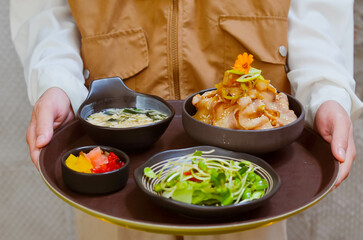 Grilled Pork Belly Sliced ​​Rice with Fragrant Sauce Topped with Stir Fried Onions.