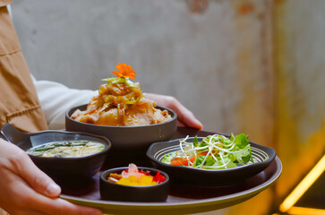 Grilled Pork Belly Sliced ​​Rice with Fragrant Sauce Topped with Stir Fried Onions.