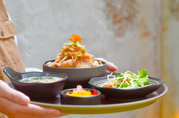 Grilled Pork Belly Sliced ​​Rice with Fragrant Sauce Topped with Stir Fried Onions.