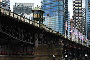 Darling Harbour, Sydney, New South Wales, Australia -  Pyrmont Bridge. A heritage-listed swing bridge across Cockle Bay. Image shows bridge operator's hut.