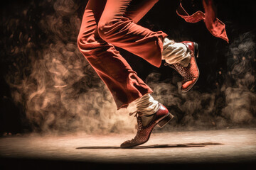 close-up shot captures the intense footwork of a flamenco dancer, showcasing the intricate movements of the dancer's legs and shoes. AI generative - obrazy, fototapety, plakaty