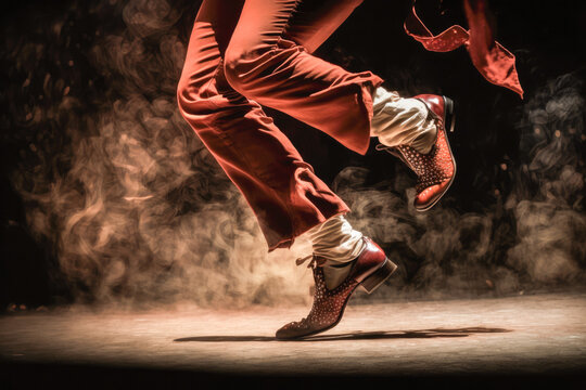 close-up shot captures the intense footwork of a flamenco dancer, showcasing the intricate movements of the dancer's legs and shoes. AI generative