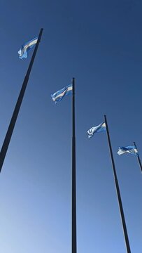 banderas argentinas flameando hacia la izquierda con fuerte viento durante el atardecer en una plaza argentina