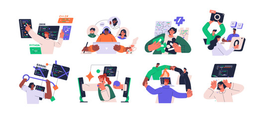 Coders, software engineers set. Information technology, backend program development concept. Programmers work, developing and testing code. Flat vector illustrations isolated on white background
