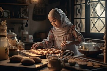 Fototapeta na wymiar Woman preparing delicious Ramadan Ifrar meal in her kitchen, Muslim Arabic tradition - generative ai