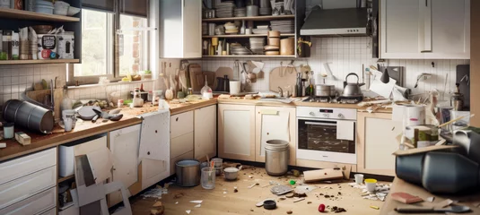 A very messy and dirty kitchen that needs cleaning.  An absolute untidy disaster! 21:9 aspect ratio (generative AI)  © jonathon
