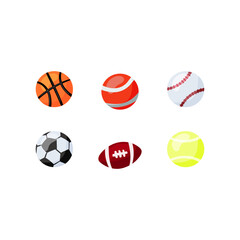 Obraz premium Collection of round and oval balls for different sports and recreational activities vector flat illustration. Set of various equipment for sport games isolated on white background