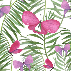 Seamless pattern tropic plants and butterfly watercolor isolated on white. Watercolor hand drawn botanical llustration