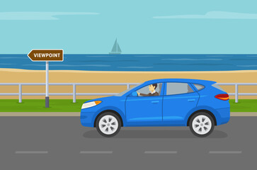 Traffic regulation. Viewpoint direction pointer sign. Side view of suv on coast road. Flat vector illustration template.