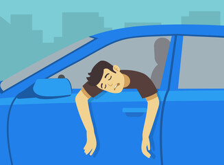 Close-up of drunk driver leaning out of the car window. Character's arms hangs down from open window. Side view. Flat vector illustration template.