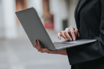 Close up of businesswoman using laptop computer outdoors, working online, online banking