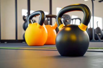 Naklejka na ściany i meble Kettlebell fitness training is a full-body workout that engages multiple muscle groups and can help improve strength, endurance, and flexibility. AI generative