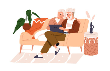 Fototapeta na wymiar Old couple surfing internet, using technology together. Senior aged man and woman resting with laptop at home, browsing online, sitting on sofa. Flat vector illustration isolated on white background