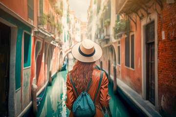 Fototapeta na wymiar rear view of a lady wearing hat travelling in Venice, Italy. AI generative