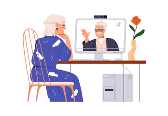 Senior love couple, online video conference call. Old woman and man talking through internet. Elderly romantic wife and husband at remote date. Flat vector illustration isolated on white background