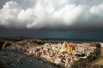 Beautiful fishing village, Marina Corricella on Procida Island, Bay of Naples, Italy.