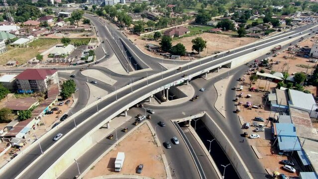 Modern highway interchange and crossroads in Yola Town, Adamawa State, Nigeria - aerial orbit
