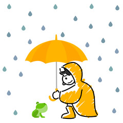 雨の中を座る男の子のイラスト