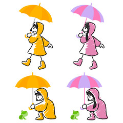 梅雨を楽しむ子供たちのイラストセット