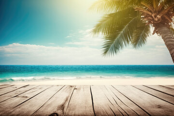 A wooden table product display with a summer vacation, holiday background of a tropical beach, blue sea, white clouds, green palm tree leaves. Generative AI