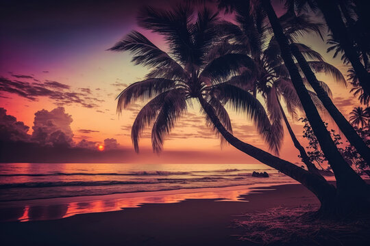 silhouette of palm trees on a beautiful beach at sunrise. Generative AI