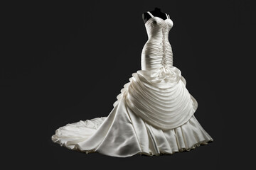 stunning wedding gown, perfectly displayed on a mannequin to showcase its intricate design and luxurious details. Its pristine white fabric glows in the light, radiating elegance. AI generative