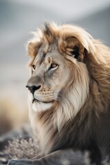 Fototapeta premium Closeup portrait of a lion in nature. Generative AI image